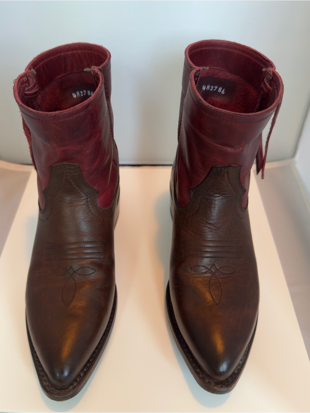 Frye Brown Foot with Burgundy Shaft Western Boots
